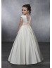 Cap Sleeve Ivory Satin Corset Back Floral Waist Flower Girl Dress